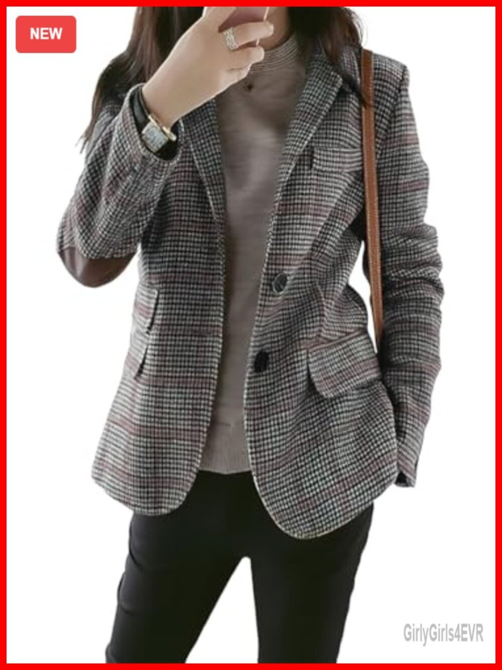 Vintage Notched Lapel Single Breasted Boyfriend Blazer Suit Houndstooth Plaid